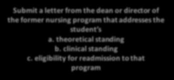 To be considered for admission, transfer nursing students must meet the criteria under Transfer to Specific Programs in the TTC