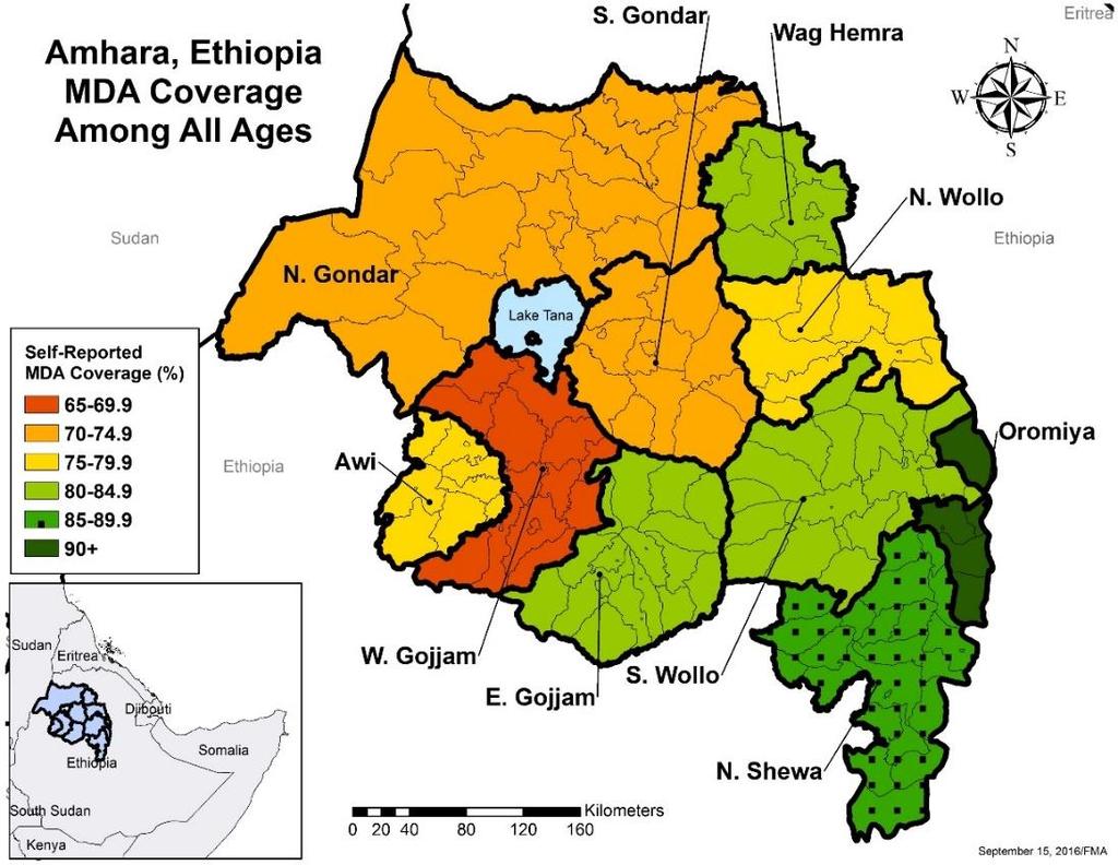 Figure 2. Geographic distribution of self-reported mass drug administration coverage with azithromycin in 10 zones of Amhara, Ethiopia, 2016 Figure 3.