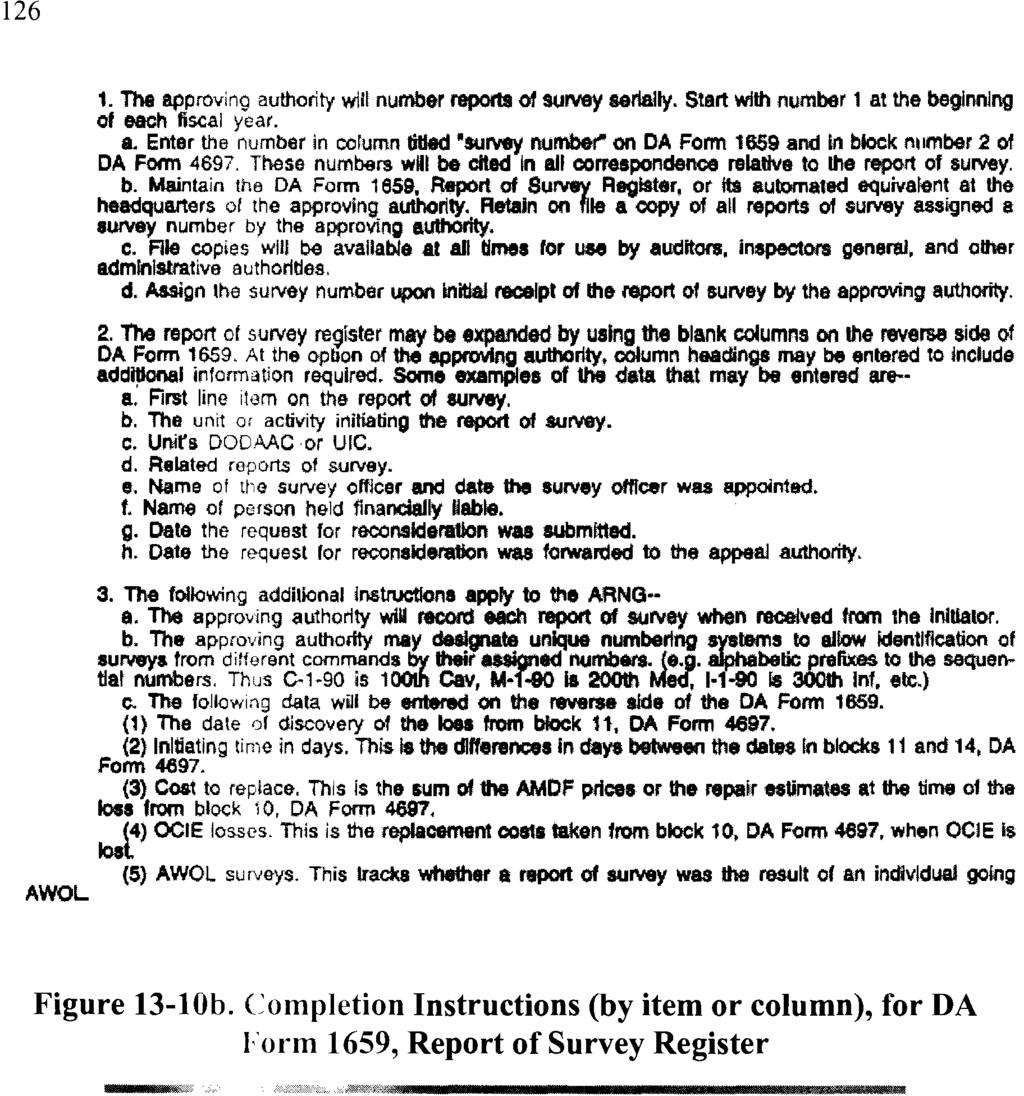 126 AWOL 1. The approving authority wjli number reporii 01 survey serially. Start with number 1 at the beginning 0' each fiscal year. a. Enter the number in corumn tilled 'SUIW)' number" on DA Form 1659 and in block nllmber 2 of DA Fonn 4897.