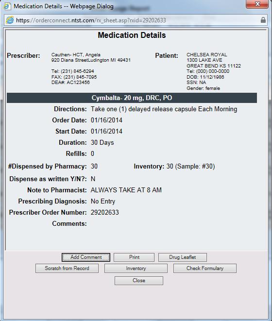 Third Level Drill Down: Patient Medication Details By clicking on the name of an individual medication from within