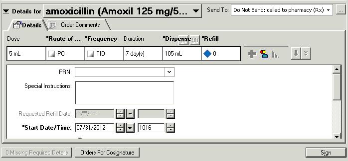 10. Review the order details for accuracy. The Dispense window will automatically populate the correct value when you enter the dose in the Dose window and/or the Duration in the Duration window.