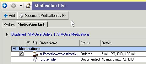 This will show you Meds Documented by History and Prescriptions. The pill bottle icon depicts a Prescription med; the Scroll icon depicts a med documented by history.
