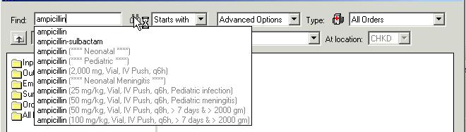 4. Enter the name of the medication. You may choose an Order Sentence from the list or highlight the primary drug name, i.e. ampicillin.