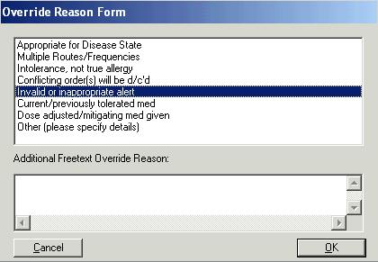 Select the reason for overriding the med alert and select OK to continue and order the med.