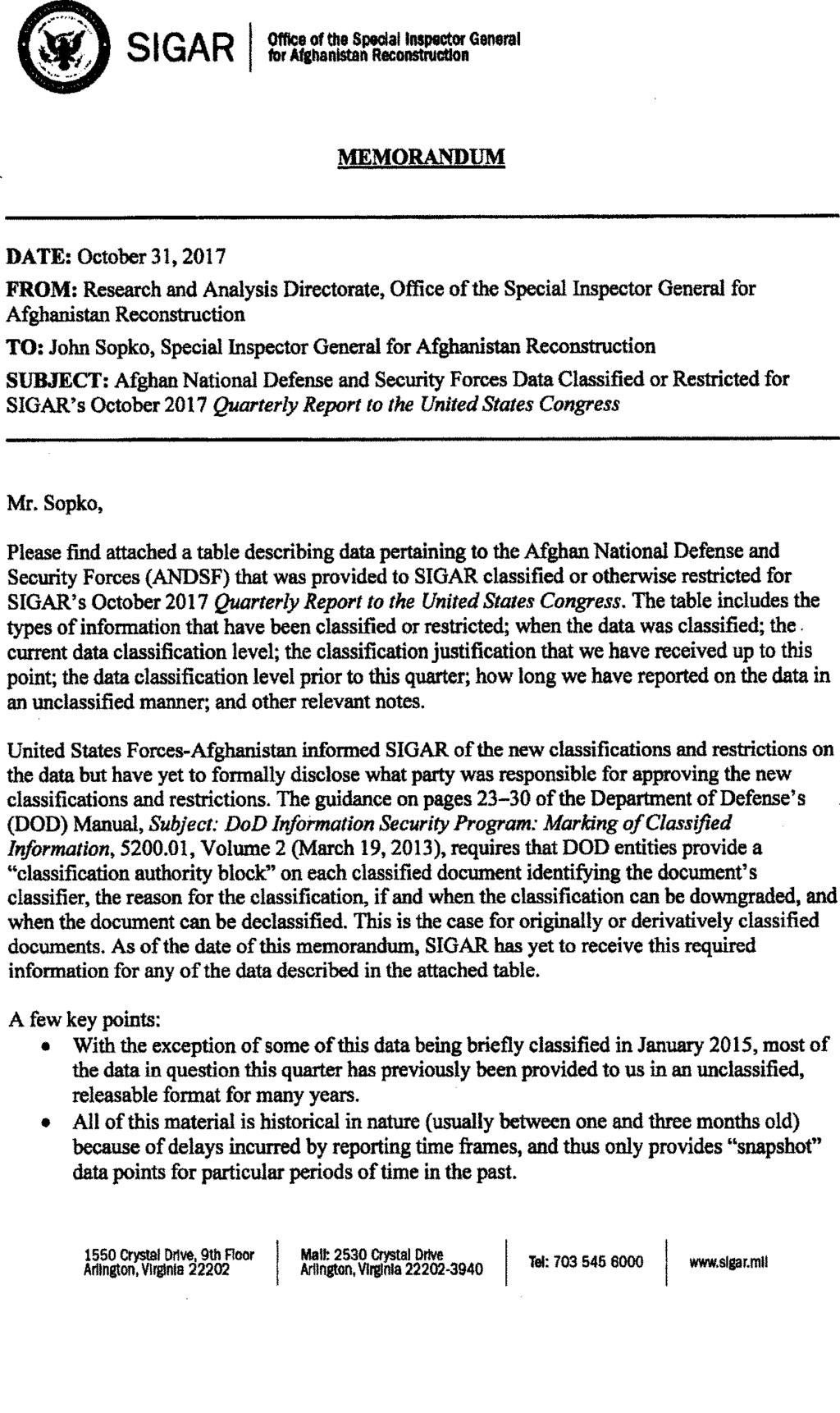 47 1'::\ SIGAR I OfficeoftheSpeclallnspectorGaneral ~ tor Af&hanistan Reconstruellon MEMORANQUM DATE: October31, 2017 FROM: Research and Analysis Directorate, Office of the Special Inspector General