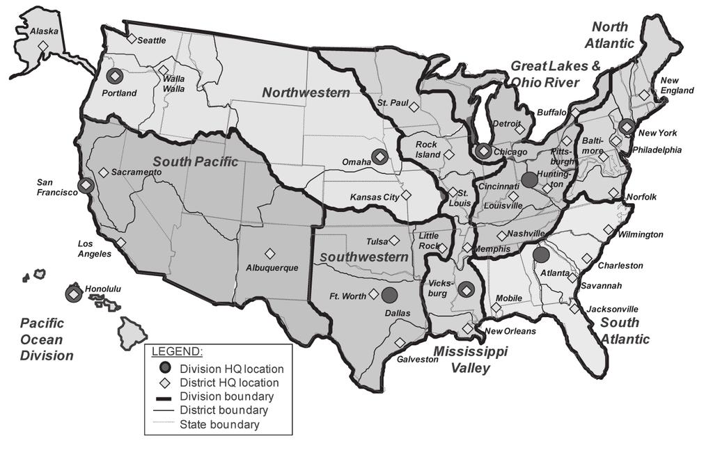 Fig. 1 Civil Works Boundaries There are eight division offices. They are located in Atlanta GA, New York NY, Vicksburg MS, Dallas TX, San Francisco CA, Cincinnati OH, Portland OR, and Honolulu HI.
