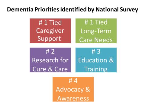 Round One (April 8-25, 2014): Participants were asked to describe the needs of people living with dementia and their care partners and to identify priorities for federal policy and publicly funded