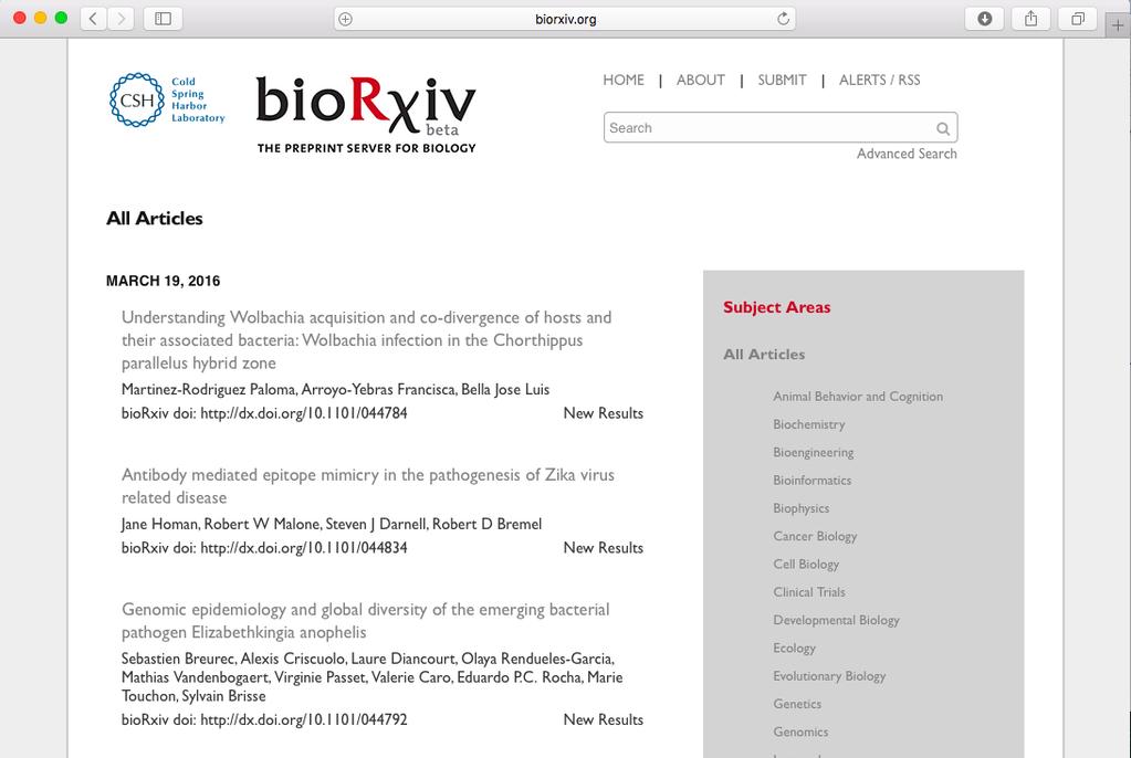biorxiv preprint service for biology launched Nov 2013 Authors PDFs no typesetting/mark-up Submission +