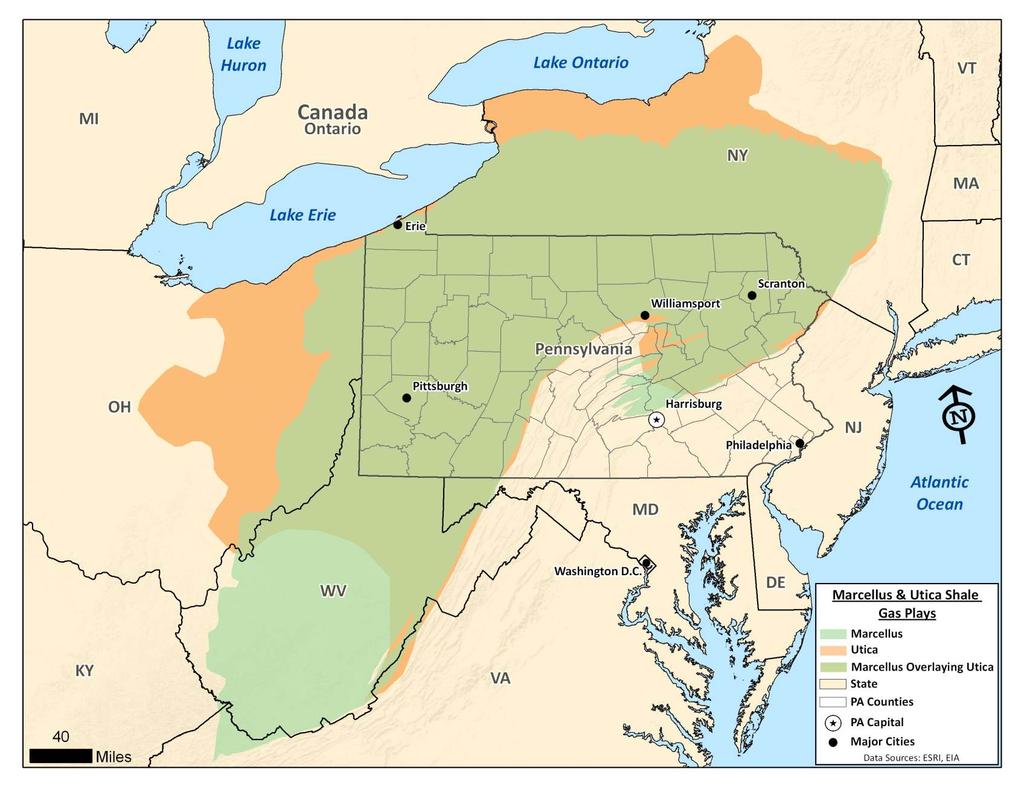 PENNSYLVANIA'S SHALE PLAYS: Unconven onal shale basins are commonly characterized according to the geologic forma on that serves as the source of the shale gas.