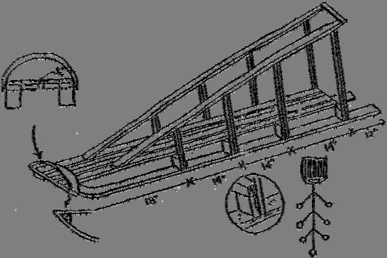 SAMPLE KLONDIKE SLEDGE DESIGN Front Front View View Towing Bridle Materials 2 used skis as runners 6 cross supports 1 x 1 x 18 4 floor boards ½ x 4 x 5 2 hand rails ½ x 2 x 6 8 upright supports 1 x 2