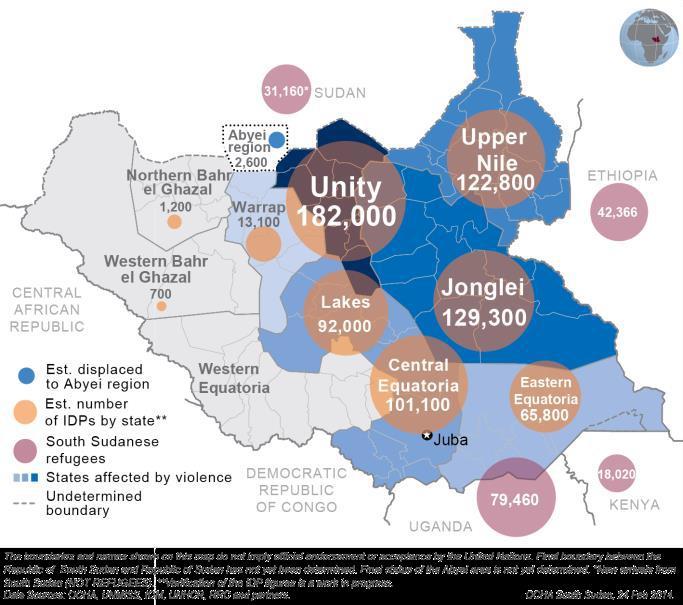 Map of South Sudan showing areas with displaced populations Current Situation On 18 February, fighting broke out between pro-government forces and anti government forces in Malakal.