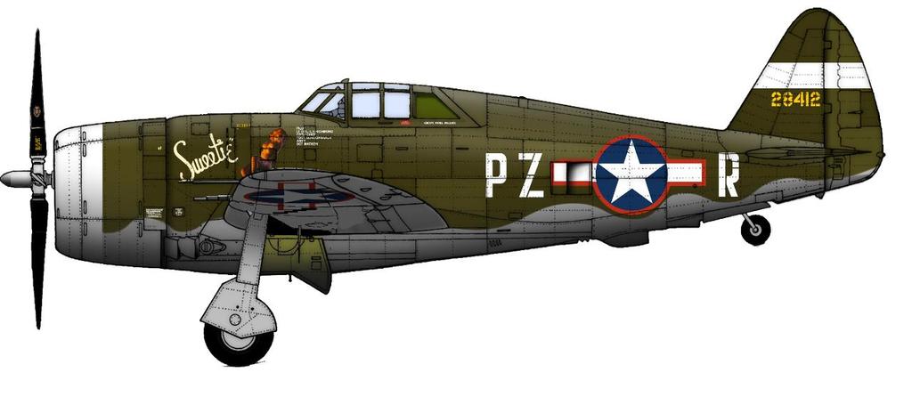 Lt. Col. Luther Richmond s Sweetie, a P-47D-5 RE with original D-5 cowling flap configuration. 12 fighter sweep broom markings are present. No wing pylons. Rear view mirror installed.