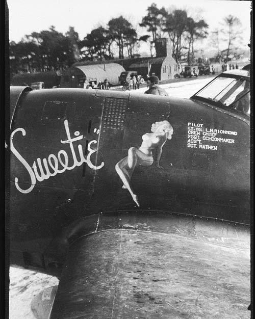 Sweetie during Winter of 1943-44. That is 486th Operations in the background. A couple of things to note: Luther once saw a profile painting of his plane, and it was chipped and weathered.