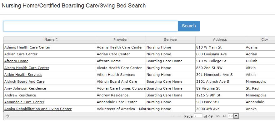 Once you have selected a location, by clicking on the Name of the Nursing Home/Certified Boarding Care/Swing Bed, the Provider Name, Type of Service, Address, City, State, County