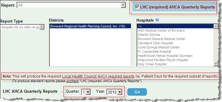 Click Go SEE APPENDIX B FOR EXAMPLE SCREEN SHOTS AHCA Required Reports User Type District can generate required Local Health Council AHCA Quarterly Reports.