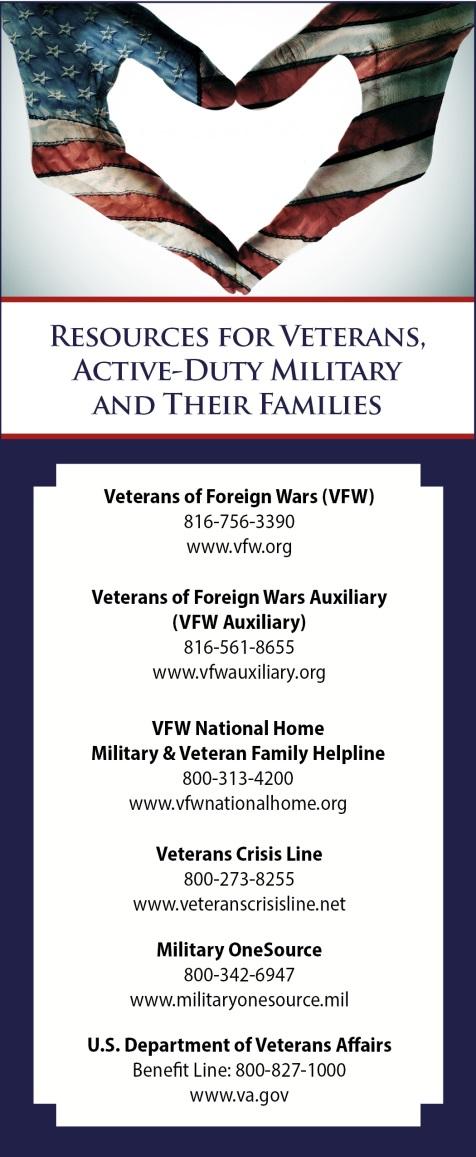 Veterans & Family Support Resource Rack Card Download the VFW Auxiliary's Veterans & Family Support Resource Rack Card.