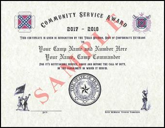 Community Service Award Purpose: The Community Service Award is awarded to the Texas Division Camp deemed to have contributed the most outstanding contributions to community service and activities.