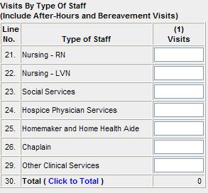 Section 6 - Hospice Services Lines 21-30: Visits by Type of Staff Total
