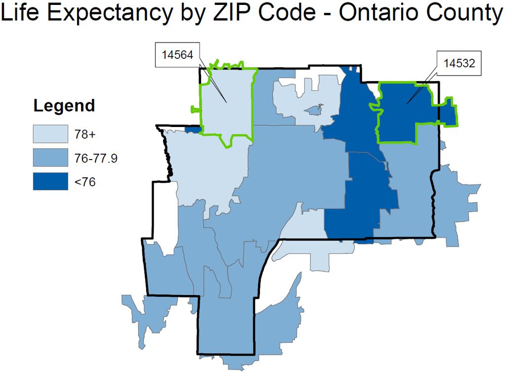 Life Expectancy Although average life expectancy in Ontario County is 78.1 years, how long residents live on average varies by almost 6 years depending on their ZIP code.