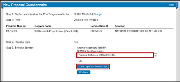Step 8: Select a Sponsor and click on Continue Normally, for S2S submission, the ERA system will