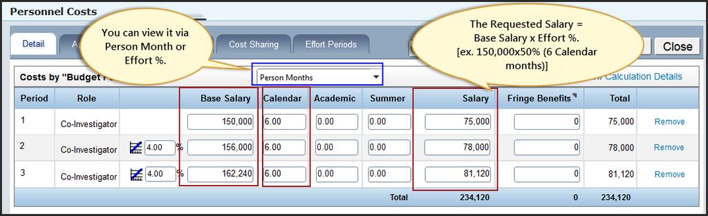 Enter the person s Base Salary and the Person Months detail in the appropriate appointment type field (Calendar = 12 months, Academic = 9 months, Summer = 3 months).