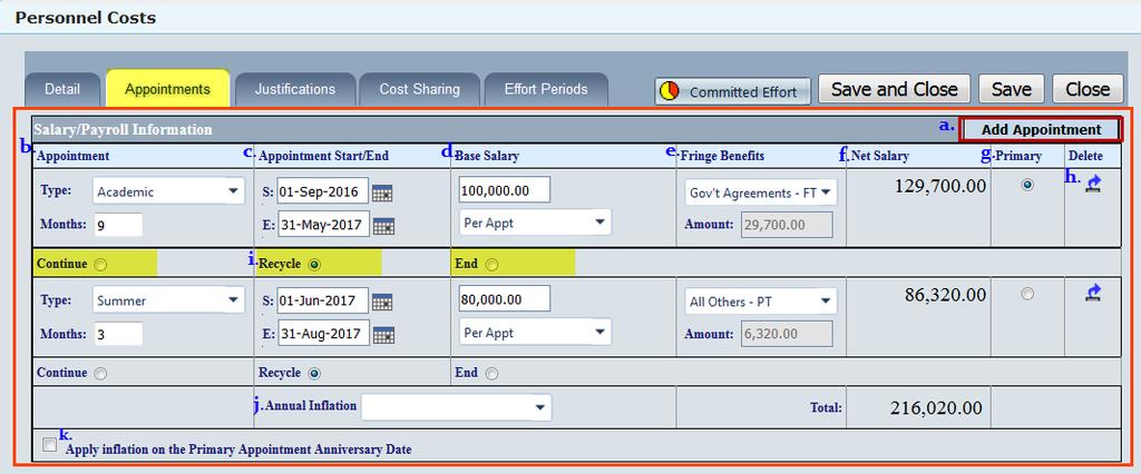 Option 2: Entering your personnel costs via the Appointments tab. This option allows users to complete the budget at the project level.