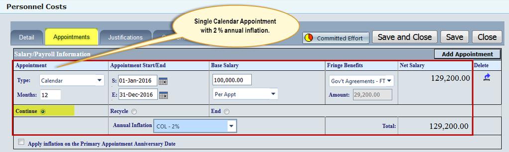 i) Salary Radio Button (there are three options): select a radio button to Continue salary past appointment end date, Recycle salary on the annual anniversary (respecting effective dates), or Salary