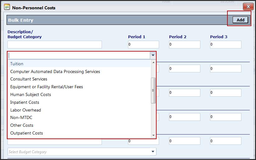 Step 3: Entering your Non-Personnel Costs As mentioned before, V15 has a feature that allows bulk entry (5 entries) in one setting for non-personnel costs.