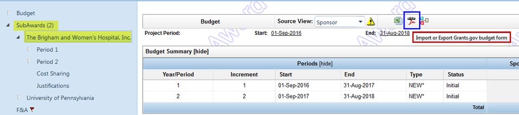 Import or Export Grants.Gov Budget Form The Import/Export Adobe Forms Budget button is displayed at the top of the Budget Summary page for both Prime and Subaward entities.