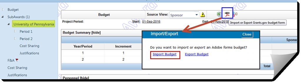 Step 3: Map the budget periods and personnel/departments to those in the application. Requested Periods: map the budget over to the individual year using the drop down list.