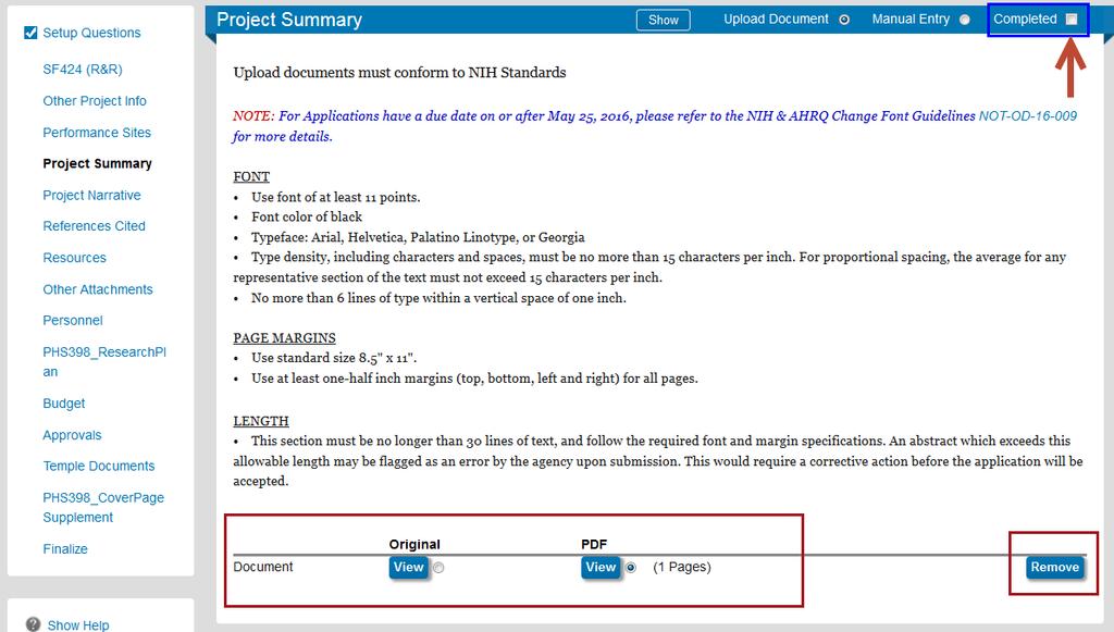 Uploading Project Summary On the project summary tab of a NIH proposal, you will click on Browse to select the file and then click on Upload.