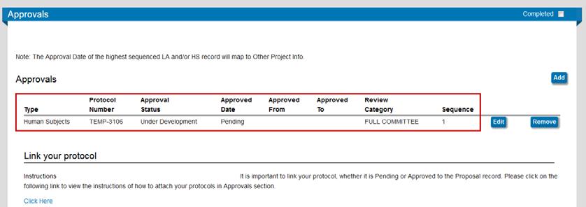 5) You will see the protocol is being attached to the Approvals tab with detailed information.
