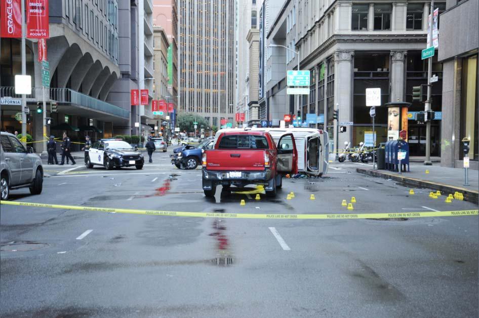 Figure 3: Scene of incident from Battery Street looking south toward intersection of California and Battery Streets, as shown during daylight, several hours after the incident.