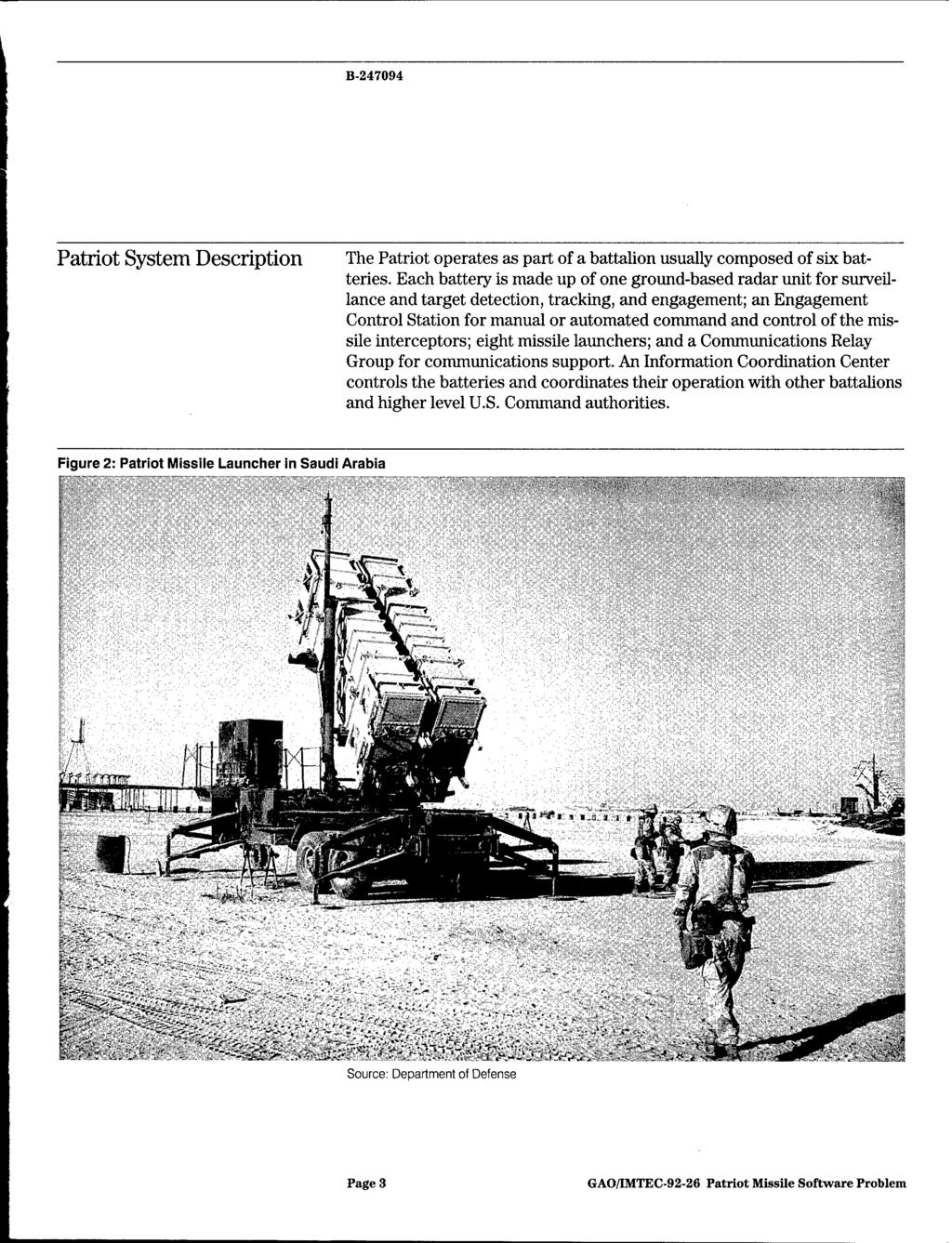 B-247094 Patriot System Description The Patriot operates as part of a battalion usually composed of six batteries.
