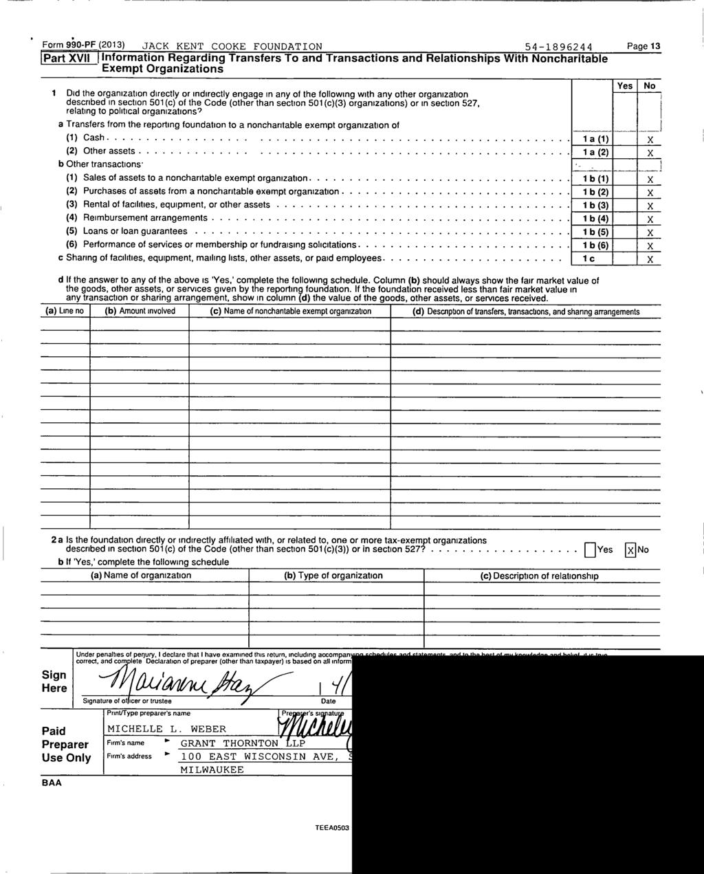 Form 990 - PF (2013 ) JACK KENT COOKE FOUNDATON 54-1896244 Page 13 Part XVi nformation Regarding Transfers To and Transactions and Relationships With Noncharitable Exempt Organizations 1 Did the