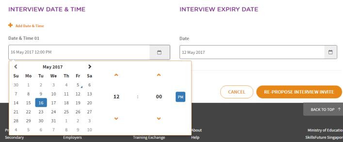 4. Select a Date & Time slot. Click on the calendar icon for Interview Date & Time. The calendar date picker is displayed for you to select the date and time. 5.