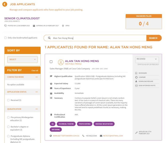 Example: tan The search engine will suggest Applicants with names matching the entered