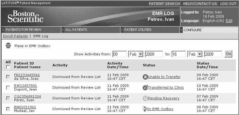 EMR Log Clinicians use the EMR Log page (Figure 25) to view the status of the patient summary files. Authorized users can also attempt to retransfer these patient files if needed.