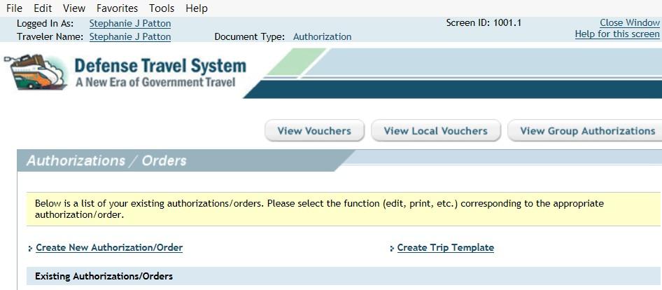 5. Select the hyperlinked Create New Authorization/Order (blue underlined text). 6.