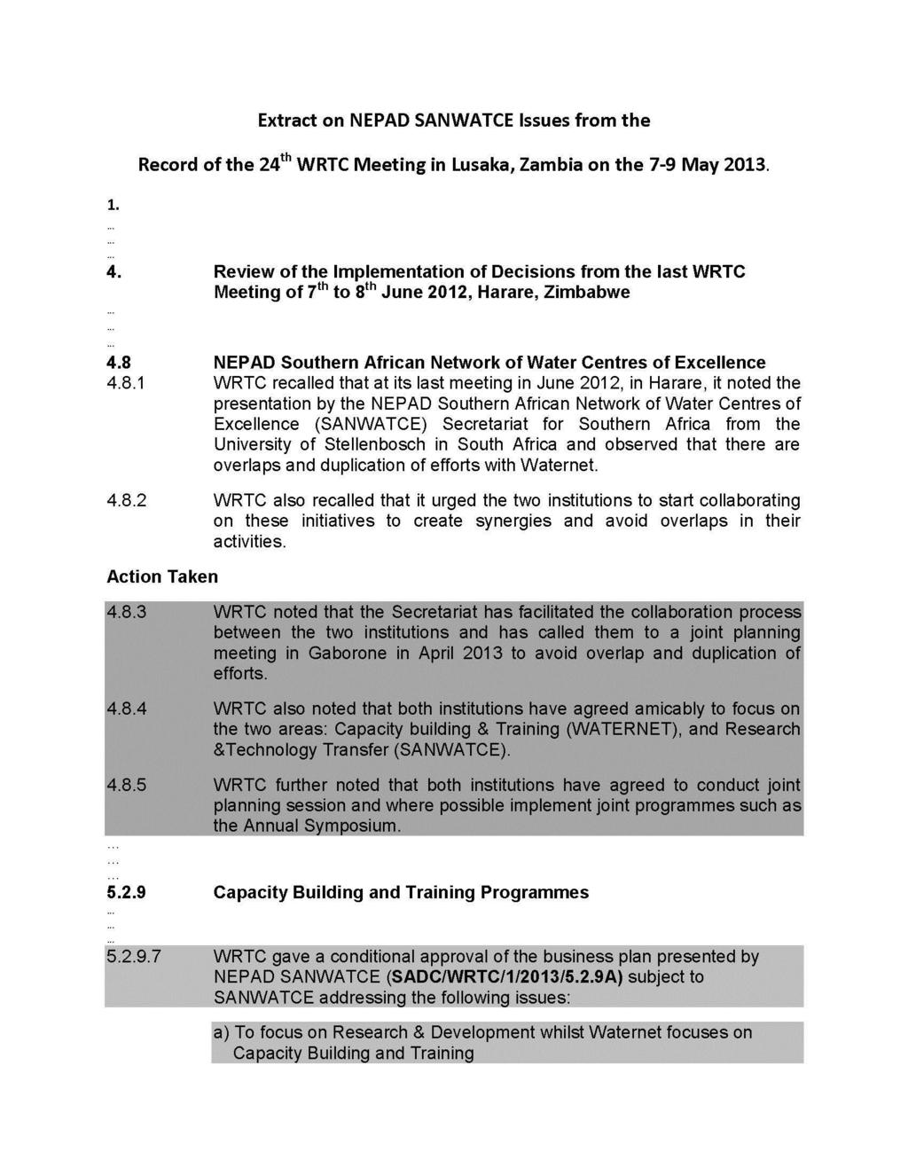 13. Annexure I - Extract of the SADC Water Resources Technical Meeting,