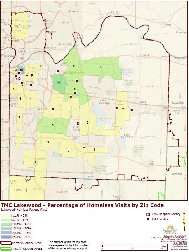 This map reflects the number of visits to TMC Lakewood made by homeless patients during