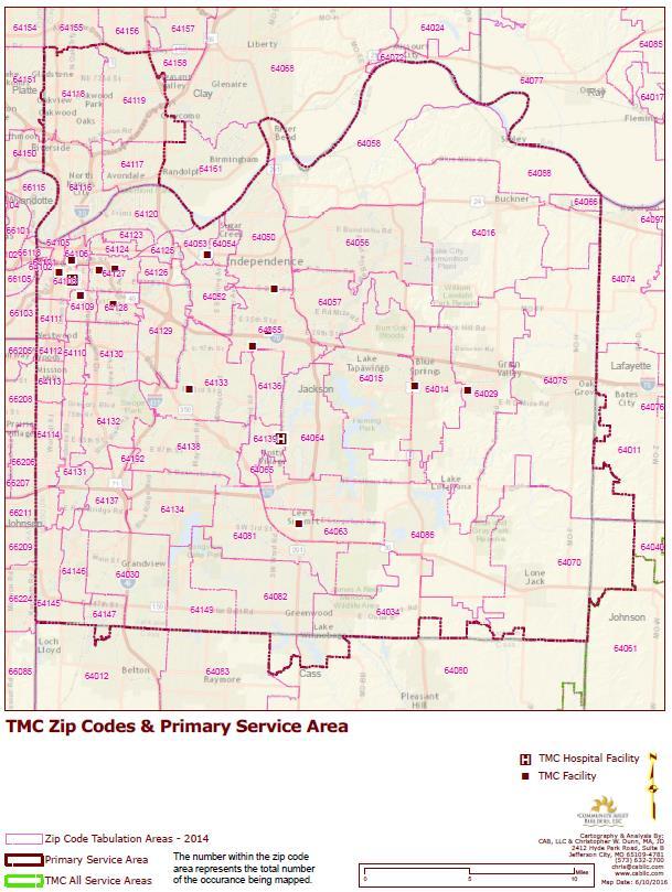 Service Area The TMC Lakewood geographic service area includes 60 zip codes in its primary service area. This primary service area is home to 779,958 people (ACS 2010-2014).