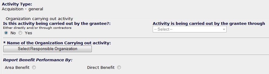 data. The options are either AREA BENFIT or DIRECT BENEFIT. For some activity types, only one option may show.