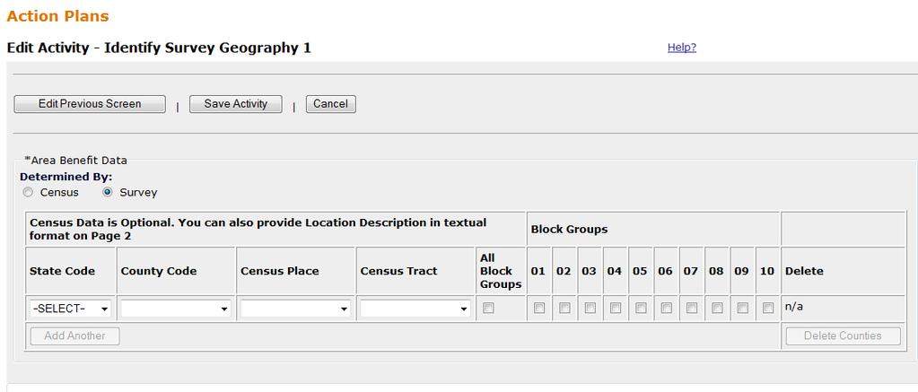 4. This will take you to the next screen: Edit Activity Identify Survey Geography.