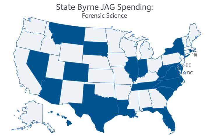 Figure 2: State Byrne JAG Spending: Forensic Science States highlighted in dark blue invested in forensic science in 2013 2014. allocation, program implementation, and evaluation is expected.