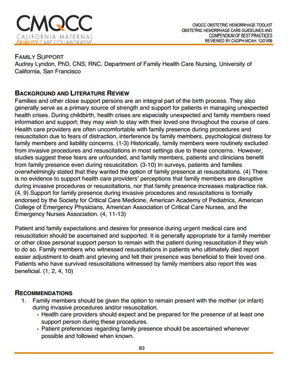 (California Maternal Quality Care Collaborative Toolkit to Transform Maternity Care) Developed under contract #08-85012 with the California Department of