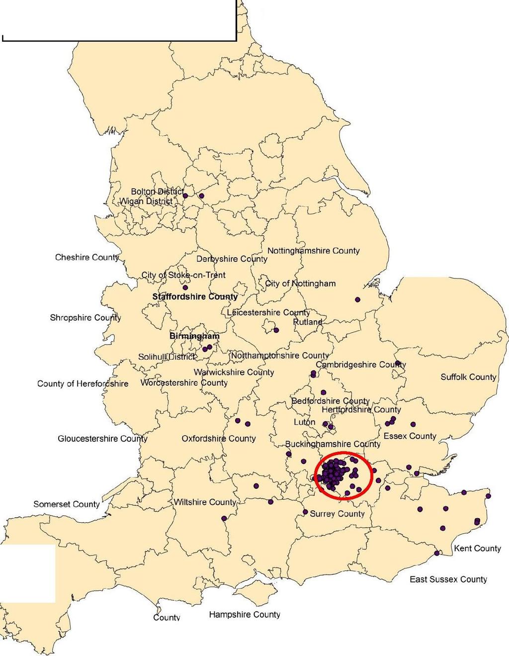 Figure 7: Map showing placements of LAC/YP with red circle showing approximate 20 mile range Northumberland County Newcastle upon Tyne District Legend LAC Placement