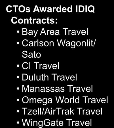 Army & Air Force awarded to Tzell (Feb 10) ** 1 Navy awarded to CWT (Nov 10) 1 Asia/Pacific (less Korea & Navy) awarded to CWT (Jan 11) 1 Air Force CONUS awarded to CWT (Feb 11) * Separate US Forces