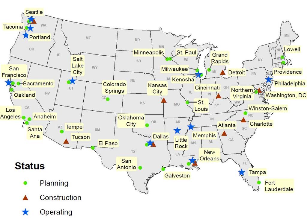 Figure 1. Existing and Possible Future Streetcar Systems in the United States, 2014 Source: CRS, based on Community Streetcar Coalition, 2013 Streetcar Coalition Summit, http://www.streetcarcoalition.