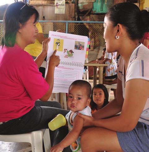 Community health workers learn to promote and support: - Infant and young child feeding - Care for development including age-appropriate play activities - Prevention of injuries and illness - Seeking